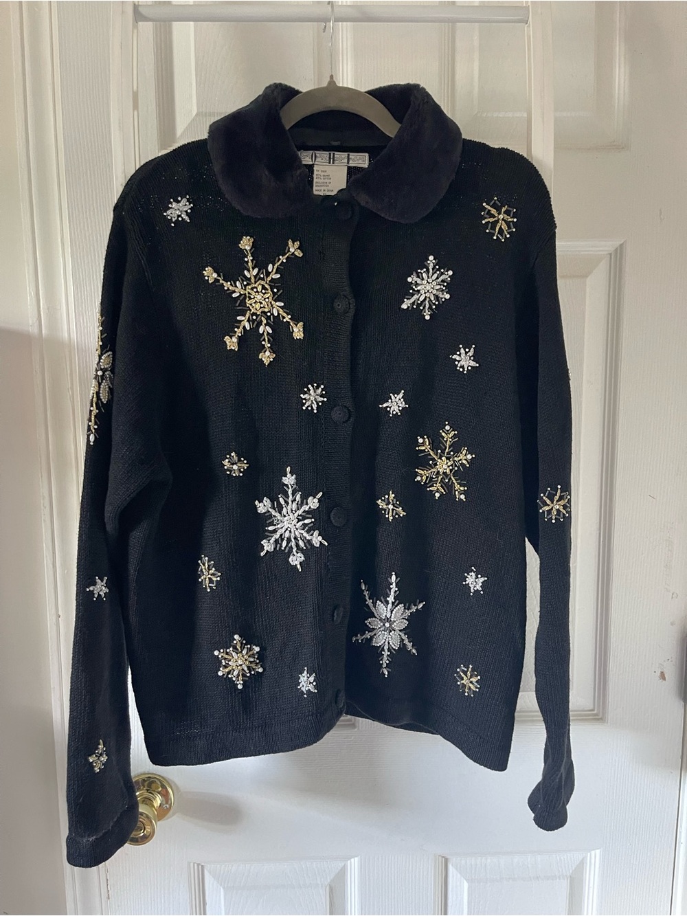 VTG 90s OHI Beaded Snowflake Christmas Cardigan Sweater Black Holiday
